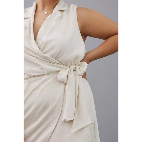 New By Anthropologie Linen Wrap Mini Dress $160 X-SMALL Vanilla - Picture 2 of 4